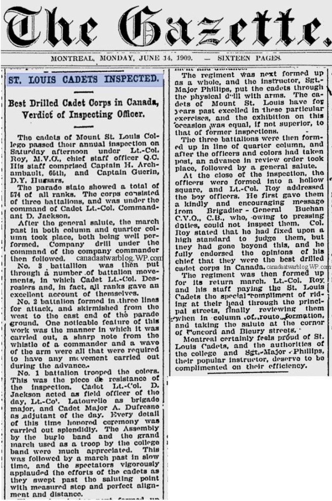 Canada's Mount St. Louis College Cadets. Gazette, Monday, June 14, 1909. 