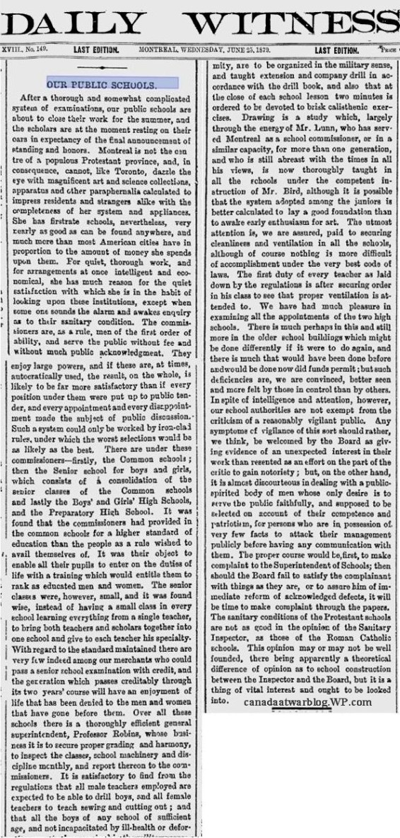 Drill In Public School's, Montreal Daily Witness, Wed, June 25th, 1879. 