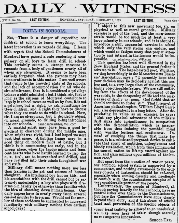 Introduction of Military Drill for Boys, In Montreal School's, The Daily Witness, Saturday, February 1st, 1879. 