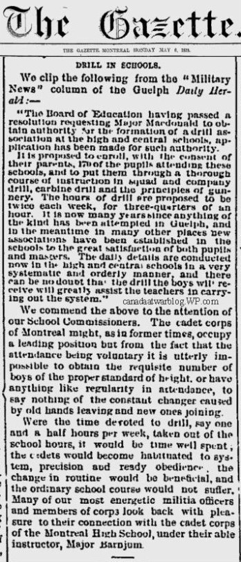 Military Drill In Montreal Schools. The Gazette Monday May 6th 1878.
