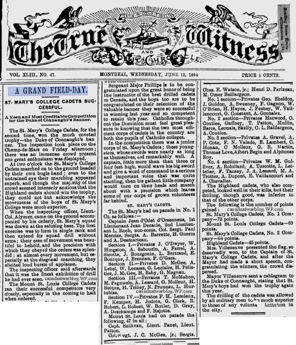 St. Mary's College Cadets, Montreal's The True Witness & Catholic Chronicals, Wed., June 13th, 1894. 
