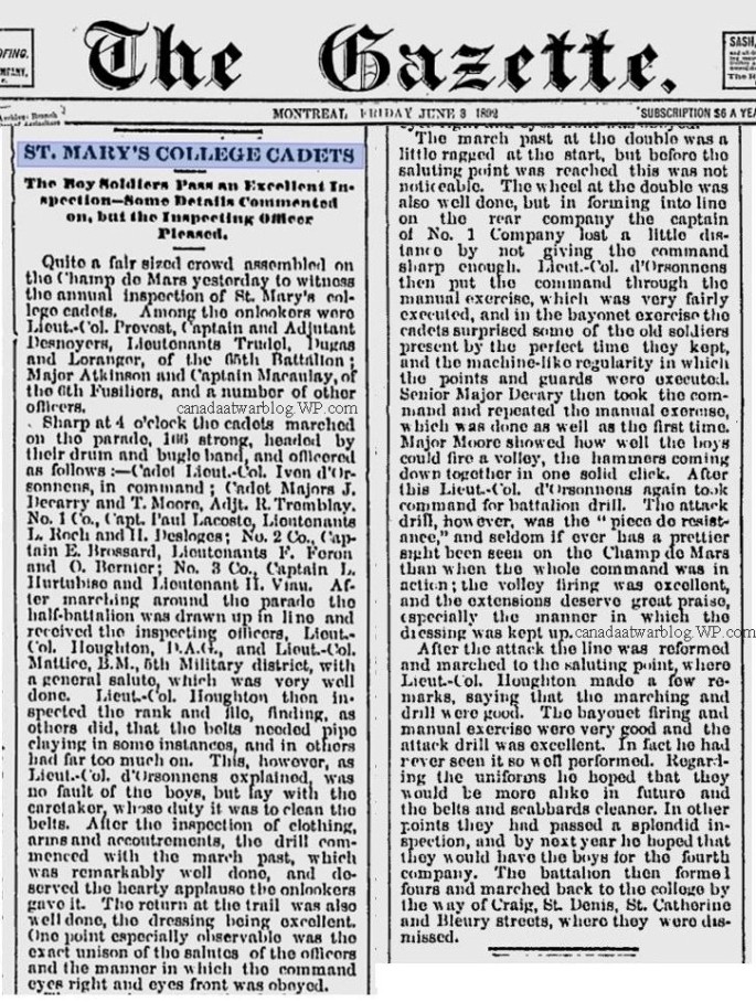 St. Mary's College Cadets. The Gazette, Montreal Friday June 3rd 1892. 